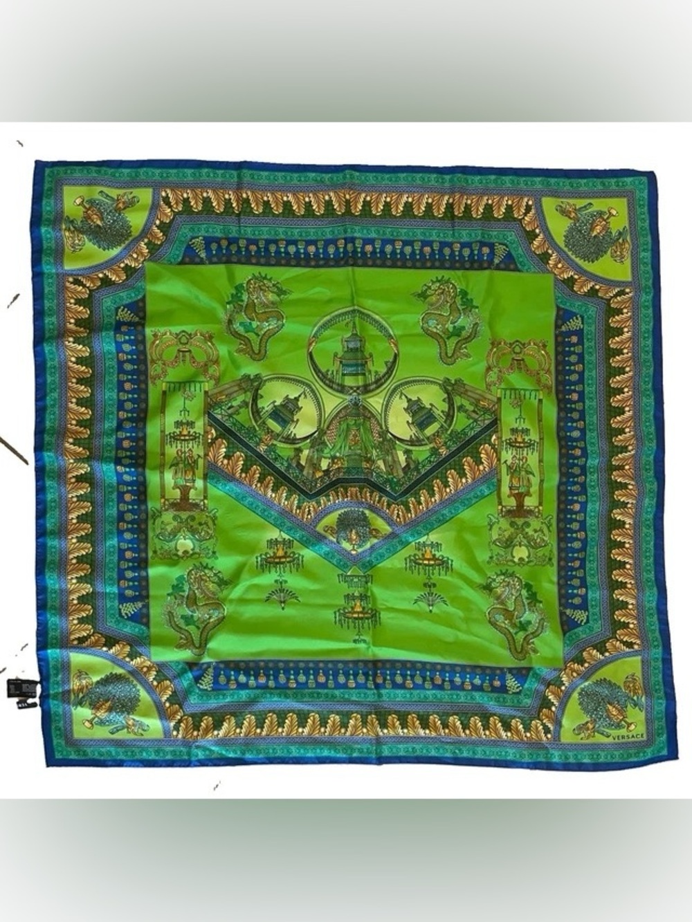 Versace Green Blue Gold Silk Scarf with Baroque Motif